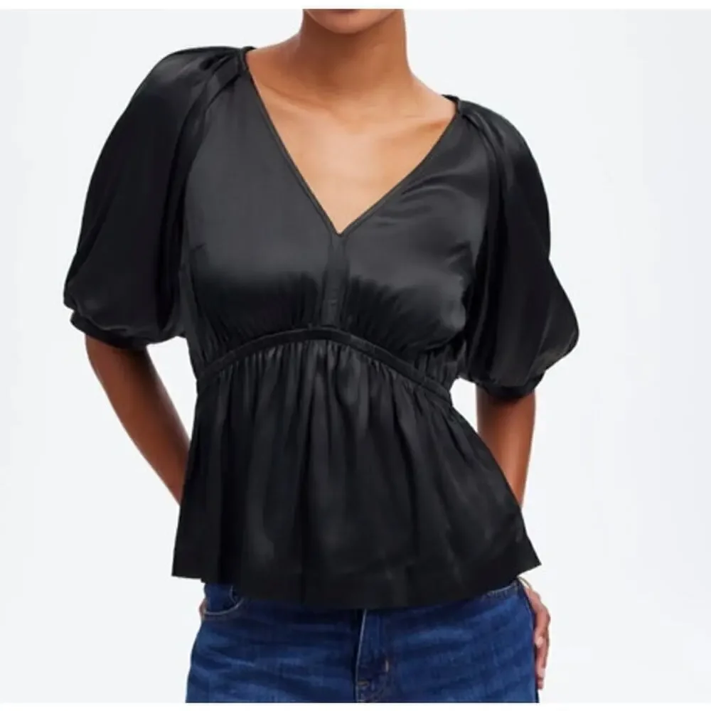 Madewell Shirred Top Satin Puff Sleeve Black NWT XS